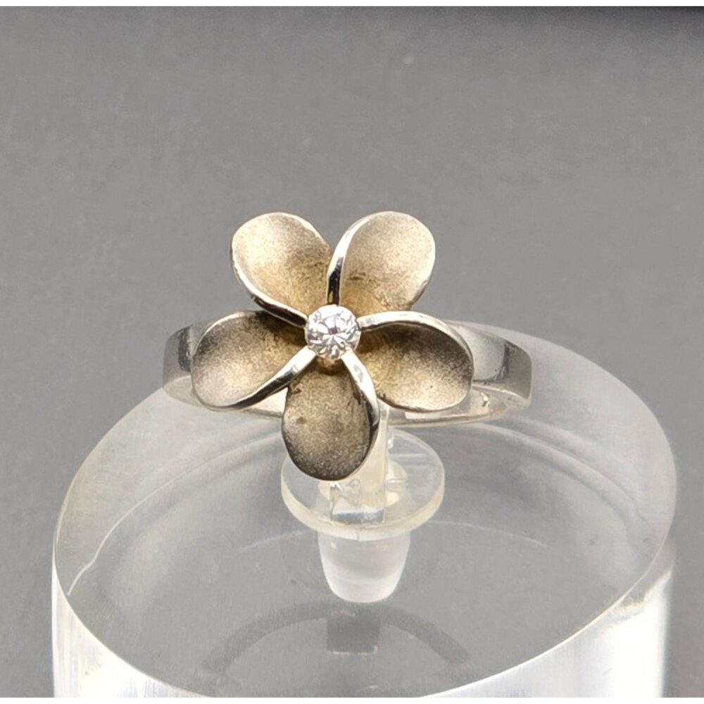 Sterling Silver Plumeria Flower Crystal Ring Size 5.5 Frosted Petal Hawaiian